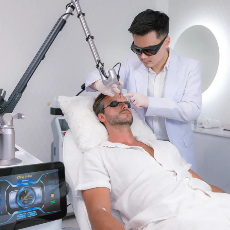 man having pico laser treatment from male doctor in Anaya Aesthetics best beauty clinic in Bali