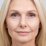 A close-up portrait of a mature blonde woman with blue dots mapping out targeted injection sites along her cheeks and under her eyes, preparing for a cosmetic procedure at a doctor-led aesthetic clinic Bali.