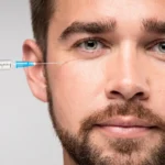 A close-up portrait of a man looking directly at the camera while a gloved hand holds a syringe near the outer corner of his eye, representing anti-aging treatments like botox for men Bali.