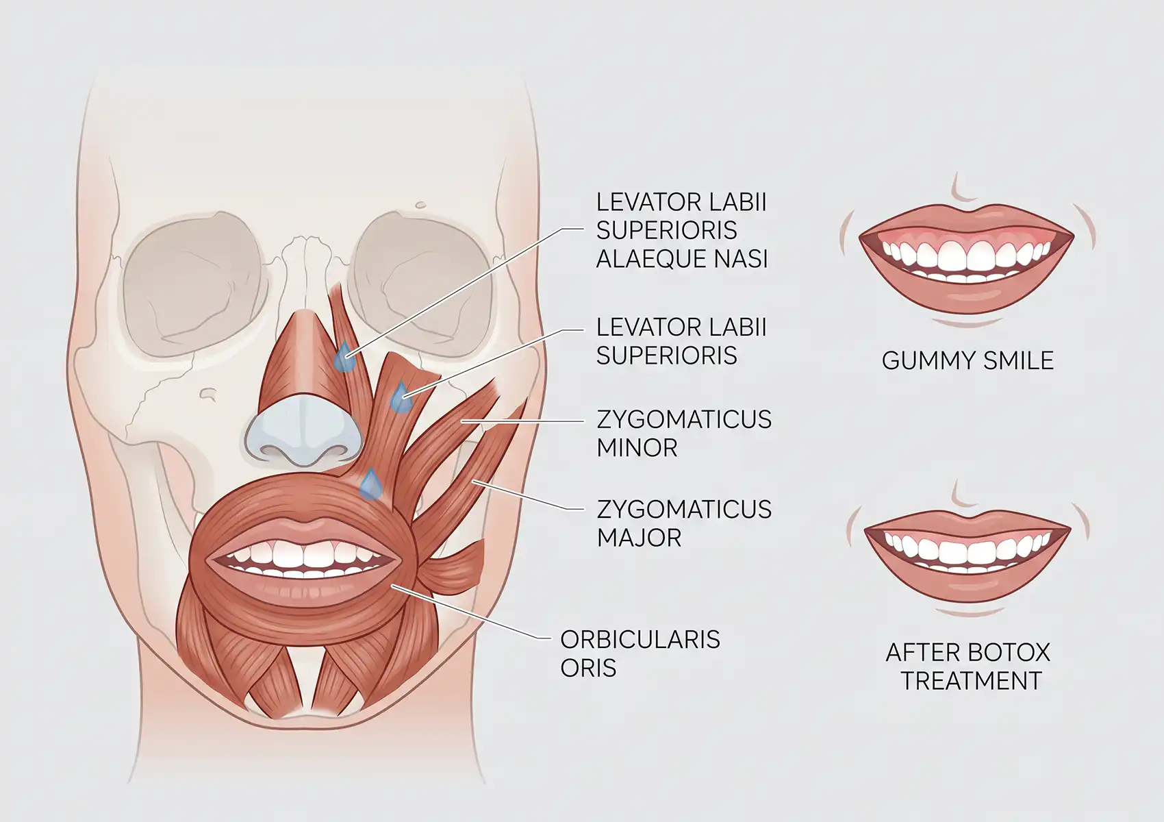 An anatomical diagram of facial muscles next to before-and-after smile illustrations, demonstrating the target areas for a Botox gummy smile treatment.