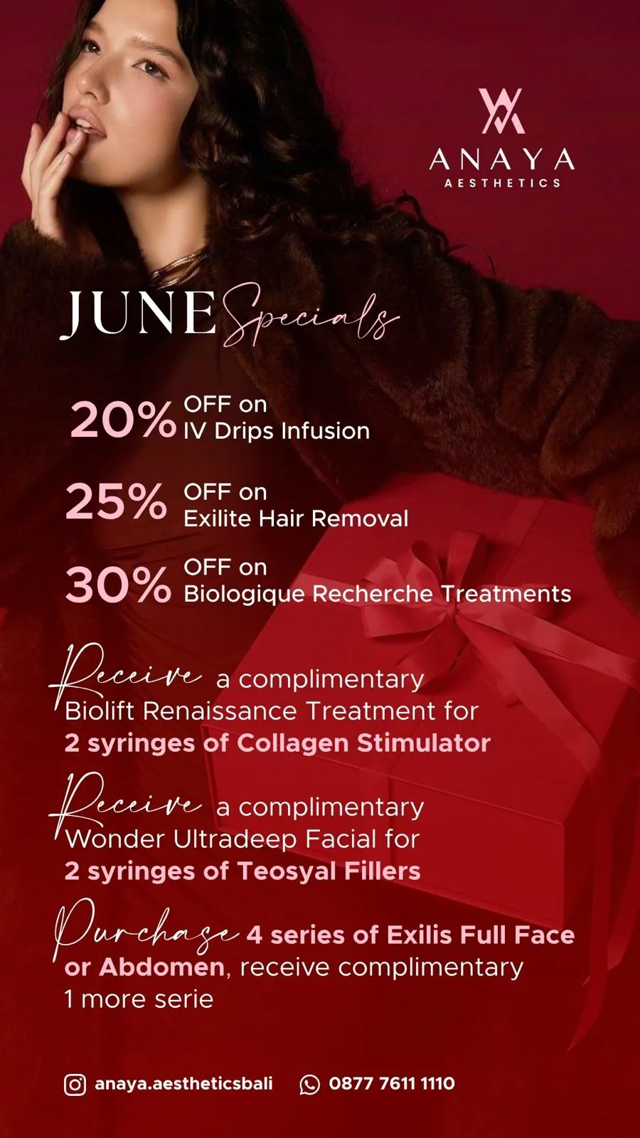 Anaya Aesthetics June Specials: 20% off IV drip infusions, 25% off Exilite hair removal, 30% off Biologique Recherche treatments, plus complimentary treatments on selected filler and collagen packages.
