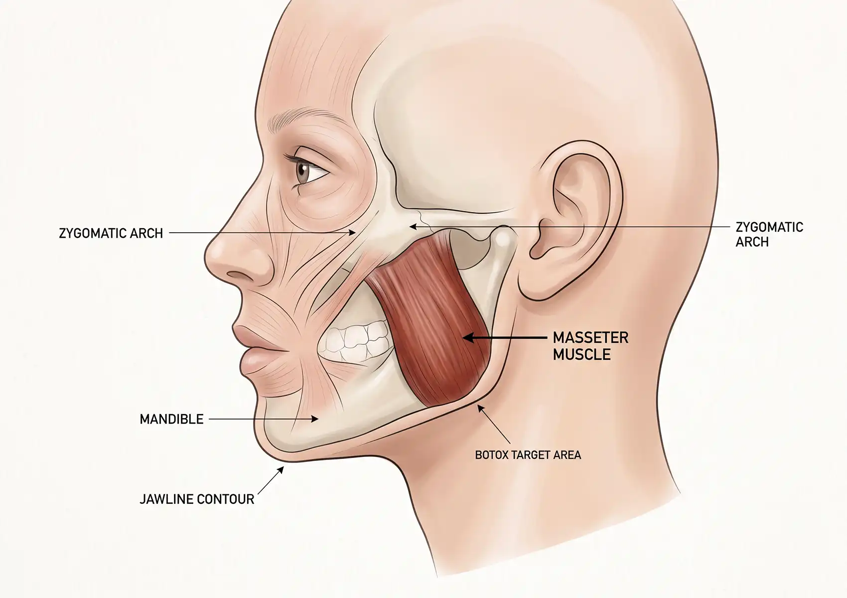 An anatomical profile illustration of a human face highlighting the masseter muscle and specific injection target areas, often used to explain how Botox for teeth grinding works